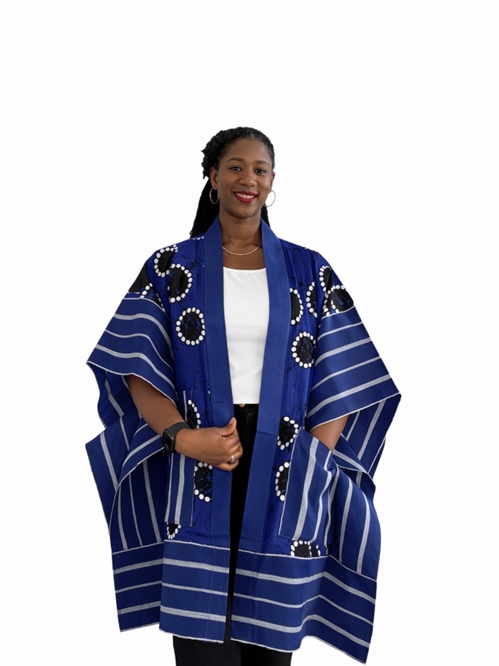 Blue Striped and Dot Kimono in African print (Ankara and Aso Oke)